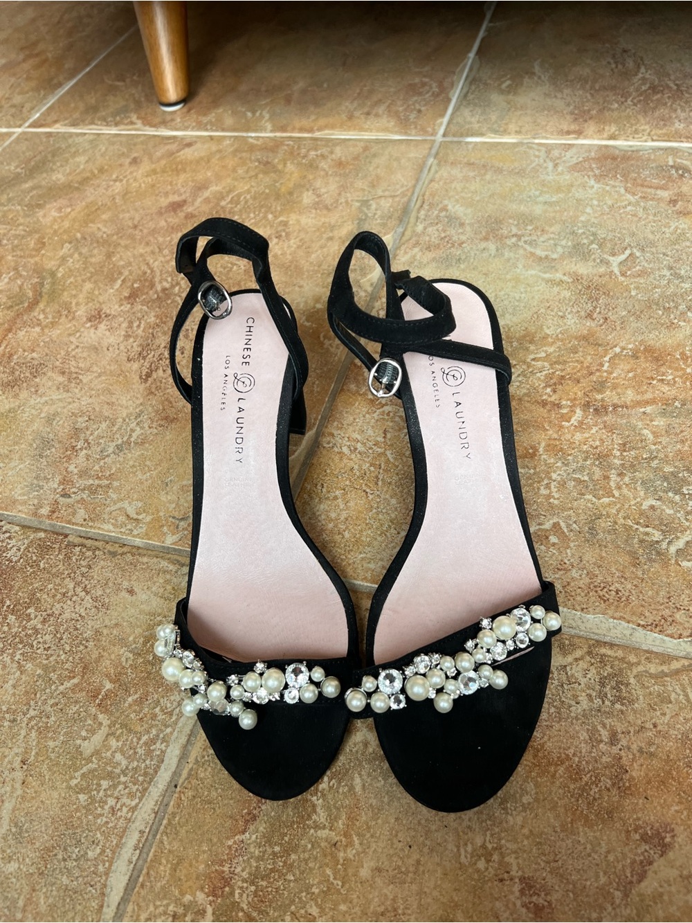 Chinese Laundry Black Pearl & Crystal Ankle-Strap Heels